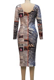 Multicolor Casual Print Patchwork Zipper O Neck One Step Skirt Dresses