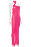 Rose Red Sexy Solid Patchwork Frenulum See-through Backless Asymmetrical Halter Irregular Dress Dresses