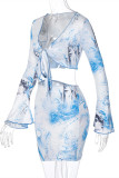Blue Fashion Sexy Print Bandage Long Sleeve Two Pieces