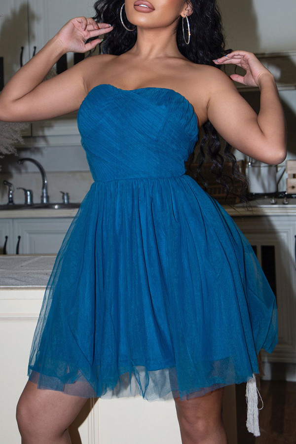Blue Elegant Solid Patchwork Strapless A Line Dresses