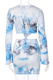 Blue Fashion Sexy Print Bandage Long Sleeve Two Pieces
