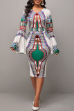 White Elegant Print Patchwork Slit V Neck One Step Skirt Dresses