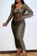 Khaki Fashion Sexy Print See-through V Neck Long Sleeve Dresses