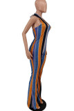 Purple Sexy Striped Print Bandage Patchwork Backless Halter Boot Cut Jumpsuits