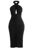 Red Fashion Sexy Patchwork Hollowed Out Backless Fold Halter Sleeveless Dress