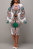 White Elegant Print Patchwork Slit V Neck One Step Skirt Dresses