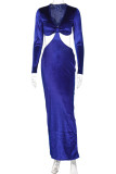 Blue Fashion Sexy Solid Hollowed Out V Neck Long Sleeve Dresses