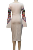 White Elegant Print Patchwork Slit V Neck One Step Skirt Dresses