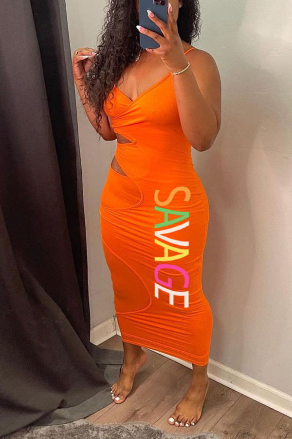 Tangerine Red Sexy Solid Hollowed Out Patchwork Spaghetti Strap One Step Skirt Dresses