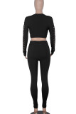 Black Sexy Solid Hollowed Out Split Joint O Neck Long Sleeve Two Pieces