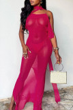 Rose Red Sexy Solid Patchwork Frenulum See-through Backless Asymmetrical Halter Irregular Dress Dresses
