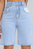 Baby Blue Casual Solid Patchwork High Waist Straight Denim Shorts