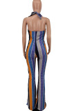 Blue Sexy Striped Print Bandage Patchwork Backless Halter Boot Cut Jumpsuits