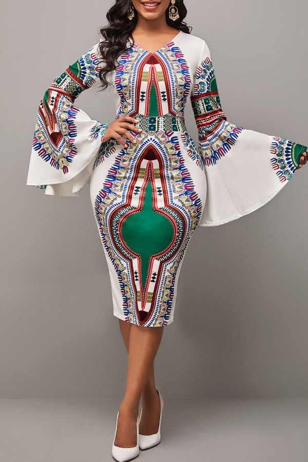 White Elegant Print Patchwork Slit V Neck One Step Skirt Dresses