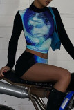 Blue Sexy Street Print Patchwork Slit Turtleneck Long Sleeve Two Pieces