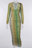 Green Fashion Sexy Print See-through V Neck Long Sleeve Dresses