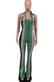 Red Sexy Striped Print Bandage Patchwork Backless Halter Boot Cut Jumpsuits