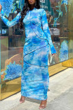 Blue Sexy Print Patchwork See-through Hooded Collar One Step Skirt Dresses