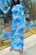 Blue Sexy Print Patchwork See-through Hooded Collar One Step Skirt Dresses