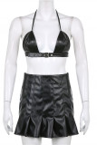 Black Fashion Sexy Solid Bandage Backless Halter Sleeveless Two Pieces