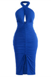 Red Fashion Sexy Patchwork Hollowed Out Backless Fold Halter Sleeveless Dress