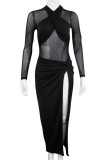 Black Fashion Sexy Patchwork See-through Slit Halter Long Sleeve Dresses
