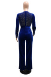 Blue Fashion Casual Patchwork Hot Drill V Neck Regular Jumpsuits