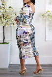 Multicolor Casual Print Patchwork Zipper O Neck One Step Skirt Dresses