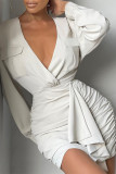 White Fashion Casual Solid Patchwork Fold V Neck Long Sleeve Dresses