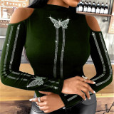 Green Fashion Casual Patchwork Hot Drilling Hollowed Out Half A Turtleneck Tops