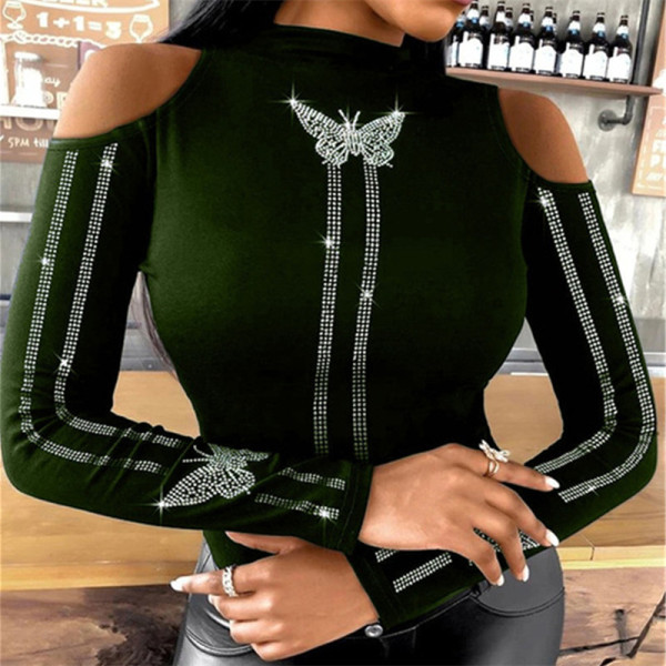 Green Fashion Casual Patchwork Hot Drilling Hollowed Out Half A Turtleneck Tops