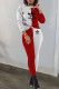 Red Fashion British Style Print Patchwork O Neck Long Sleeve Two Pieces