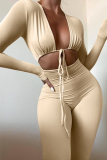 Khaki Sexy Solid Hollowed Out V Neck Skinny Jumpsuits