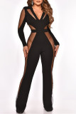 Black Fashion Sexy Patchwork See-through V Neck Regular Jumpsuits