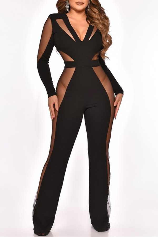 Black Fashion Sexy Patchwork See-through V Neck Regular Jumpsuits