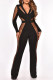 Black Fashion Sexy Patchwork See-through V Neck Regular Jumpsuits