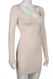 Apricot Fashion Sexy Solid Bandage Backless O Neck Long Sleeve Dresses