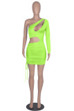Fluorescent Green Fashion Sexy Solid Hollowed Out Draw String Oblique Collar Sleeveless Dress Dresses