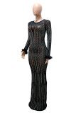 Black Fashion Sexy Patchwork Hot Drilling See-through O Neck Evening Dress