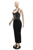 White Fashion Sexy Patchwork Backless Slit Beading Halter Sleeveless Dress