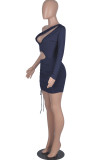 Blue Fashion Sexy Solid Hollowed Out Draw String Oblique Collar Sleeveless Dress Dresses