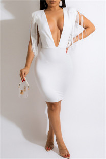 White Fashion Sexy Solid Tassel Split Joint V Neck Sleeveless Dress