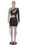Black Fashion Sexy Solid Hollowed Out Draw String Oblique Collar Sleeveless Dress Dresses
