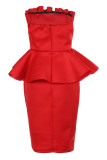 Red Sexy Solid Patchwork Flounce Fold Asymmetrical Strapless Dresses
