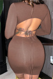 Apricot Fashion Sexy Solid Bandage Backless O Neck Long Sleeve Dresses