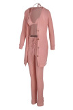 Pink Casual Solid Patchwork Buckle Slit V Neck Long Sleeve Two Pieces