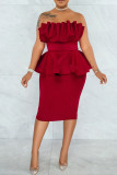 Red Sexy Solid Patchwork Flounce Fold Asymmetrical Strapless Dresses