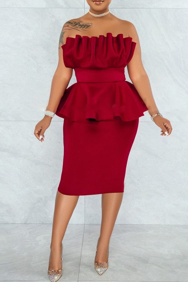 Red Sexy Solid Patchwork Flounce Fold Asymmetrical Strapless Dresses