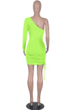 Fluorescent Green Fashion Sexy Solid Hollowed Out Draw String Oblique Collar Sleeveless Dress Dresses