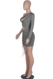 Grey Fashion Sexy Solid Hollowed Out Draw String Oblique Collar Sleeveless Dress Dresses